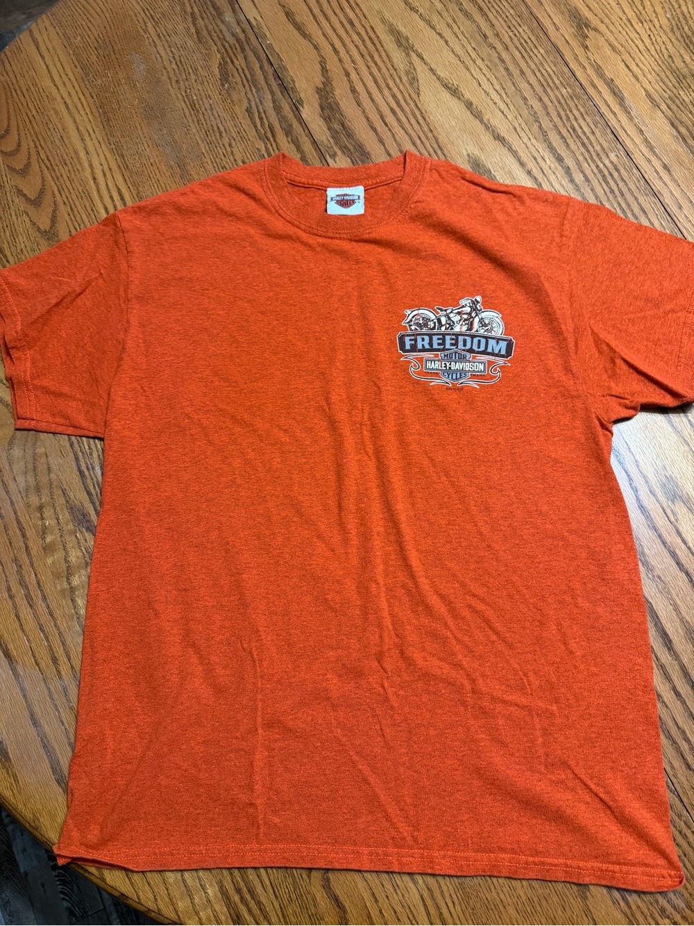 Harley-Davidson Orange Short Sleeve Tee with 'Freedom' Motorcycle Graphic